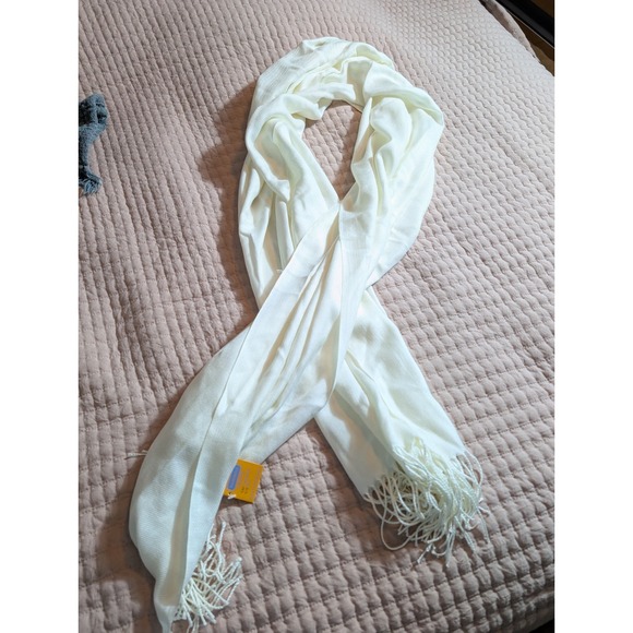 Pashmina 90% Cashmire 10% Silk Ivory Shawl Wrap Scarf 22x32in Fringed - Picture 1 of 7